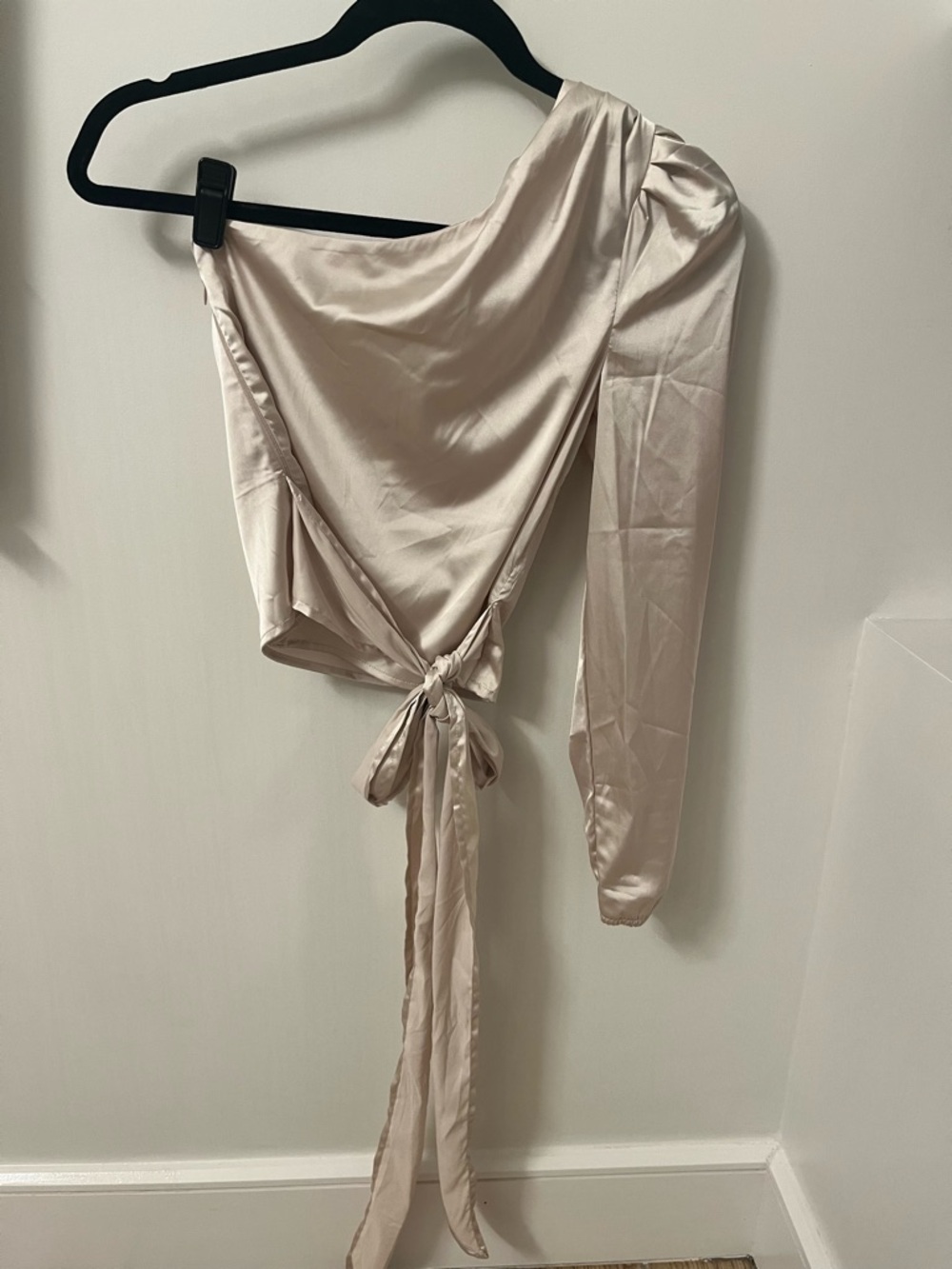 More to Come One-Shoulder Satin Tie-Waist Top in Light Pink